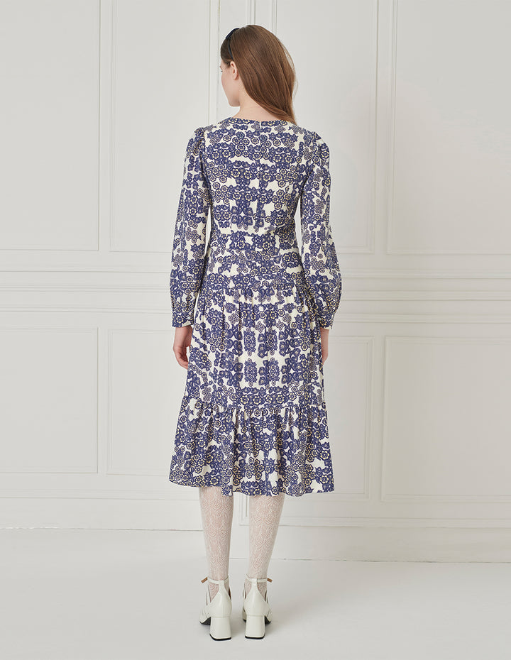 BORA AKSU Retro Square Neck Long Sleeve Pleated Printed Dress