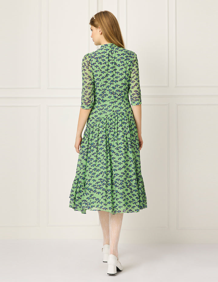 BORA AKSU Stand Collar Puff Short-Sleeve Heart Print Empire-Waist Pleated Midi Dress