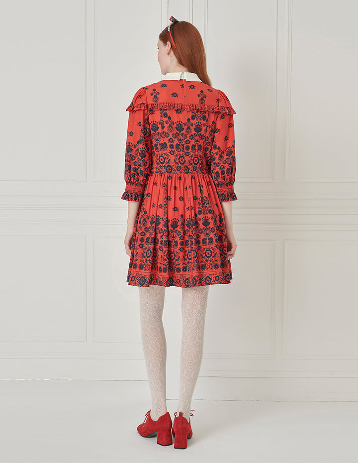 BORA AKSU Peter Pan Collar Long Bubble Sleeve Ruffle Floral Print Dress