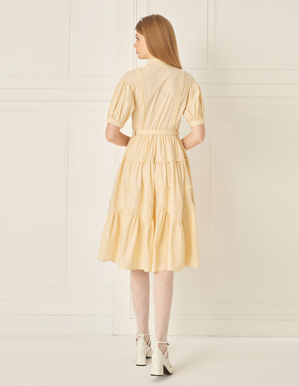 BORA AKSU Puff-Sleeve Shirt-Style Lace-Embellished Pleated Dress