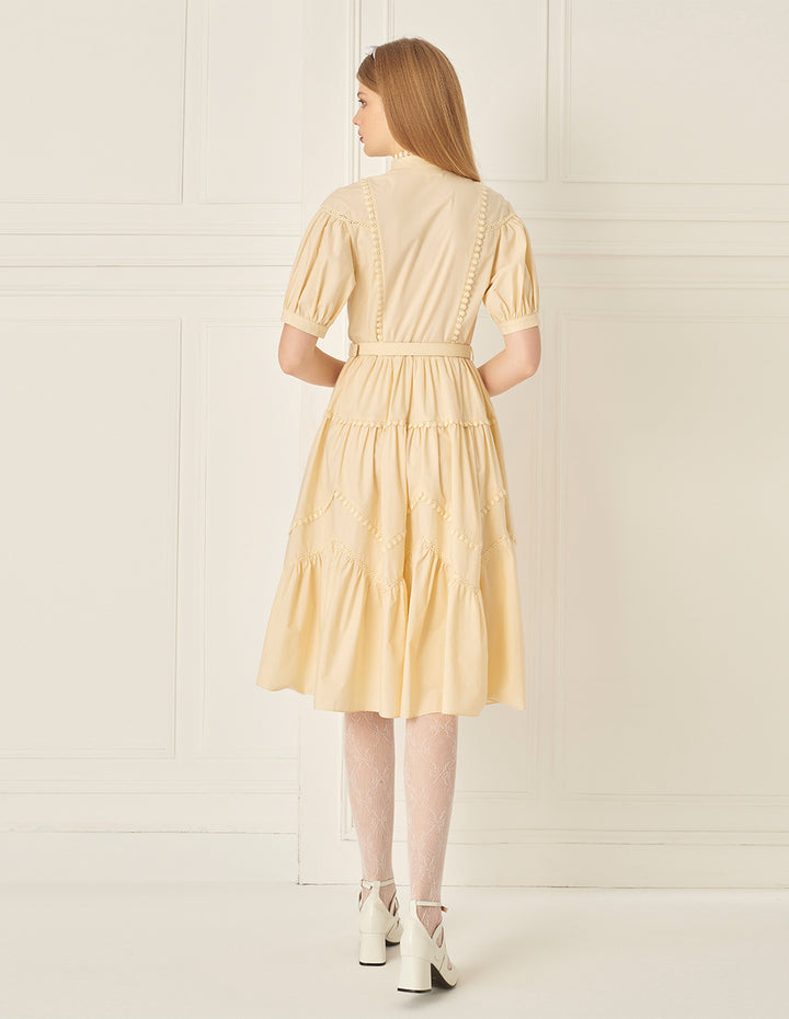 BORA AKSU Puff-Sleeve Shirt-Style Lace-Embellished Pleated Dress