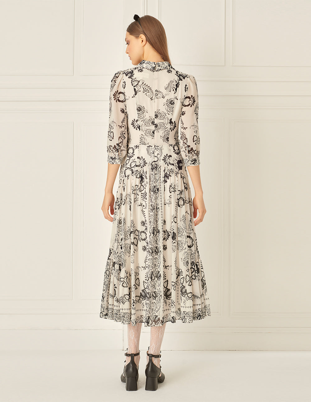 BORA AKSU Puff Sleeve Pleated Line Drawing Print Dress