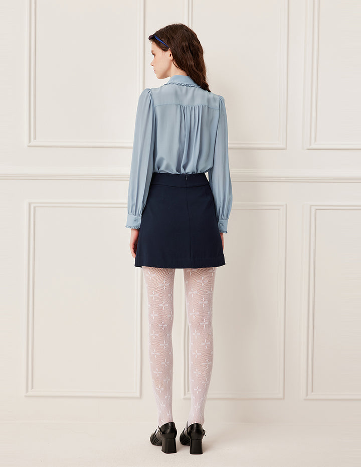 BORA AKSU Ruffle Lapel Collar Long Sleeve Pin-Tuck Silk Blouse