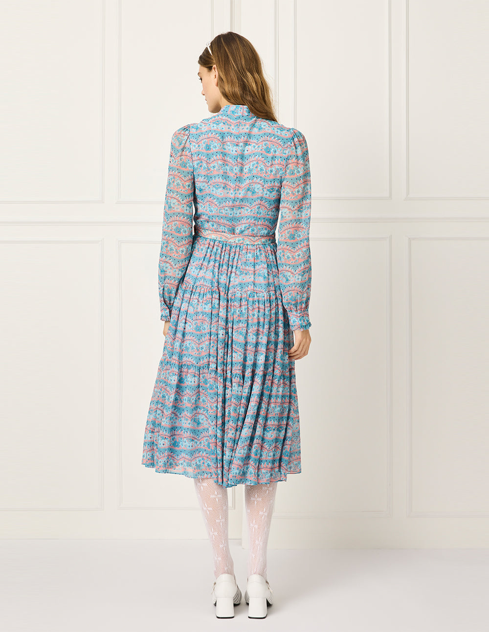 BORA AKSU Butterfly-Knot Collar Bubble Sleeve Floral Print Midi Dress