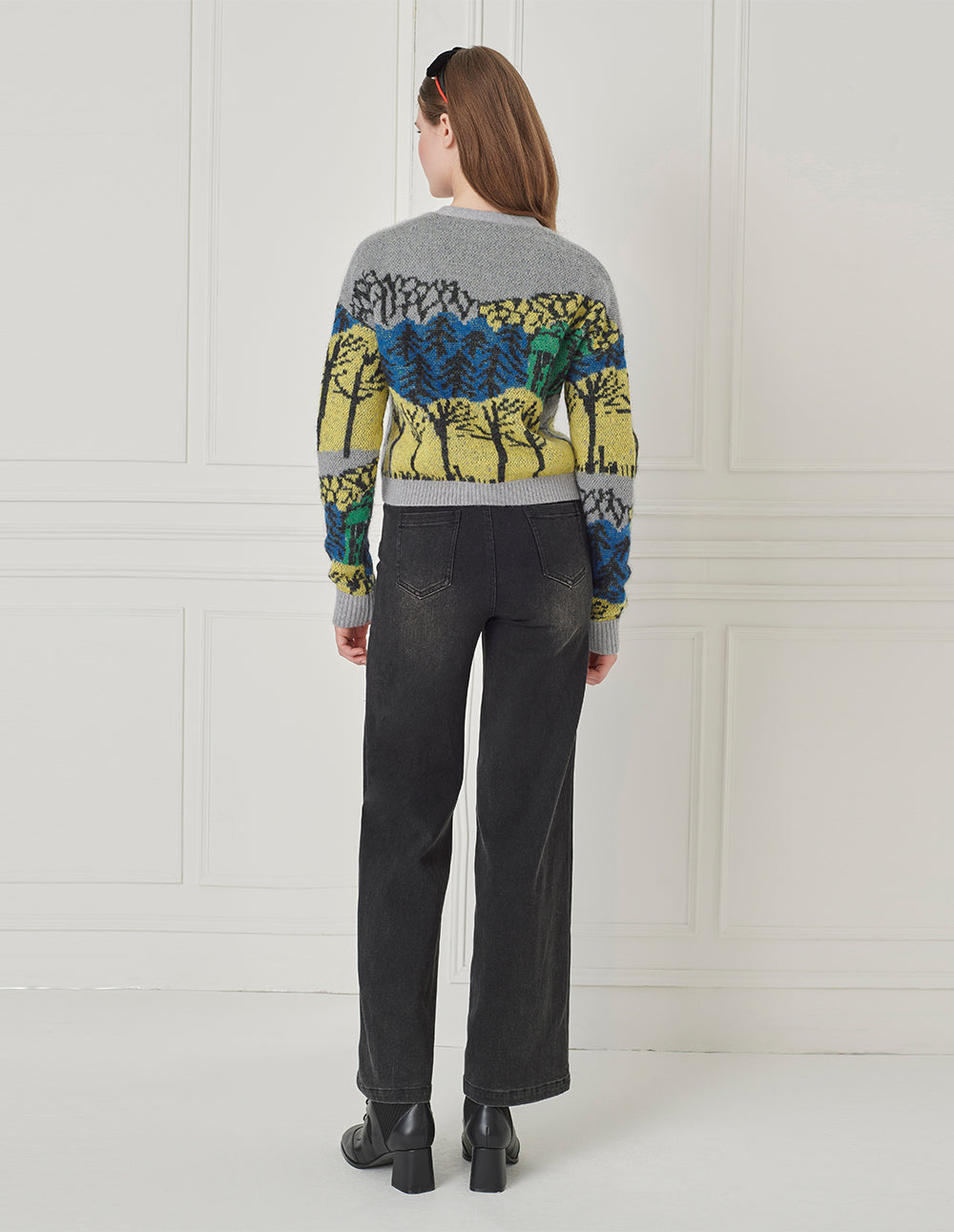 BORA AKSU V-Neck Loose Drop-Shoulder Long-Sleeve Printed Mohair Cropped Cardigan