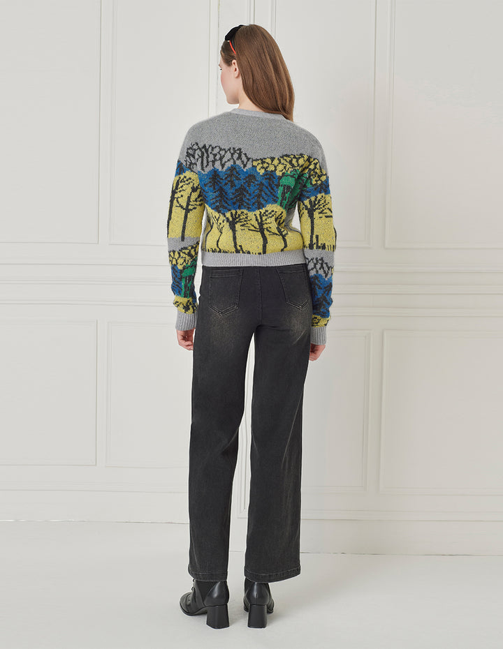 BORA AKSU V-Neck Loose Drop-Shoulder Long-Sleeve Printed Mohair Cropped Cardigan