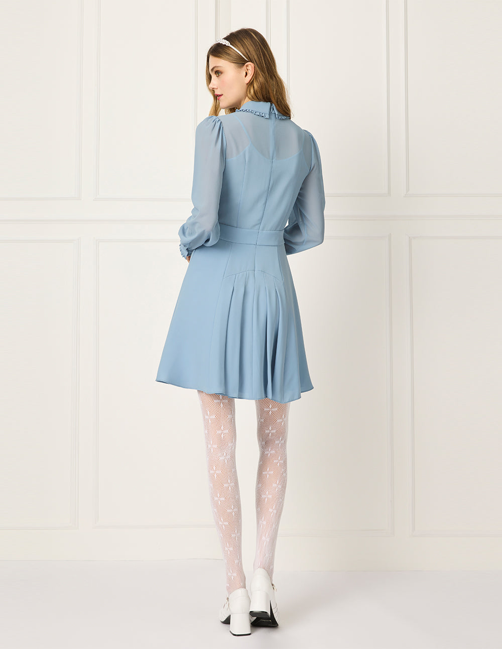 BORA AKSU Peter Pan Tuxedo Collar Puff Long Sleeve Ruffle Pleated Midi Dress