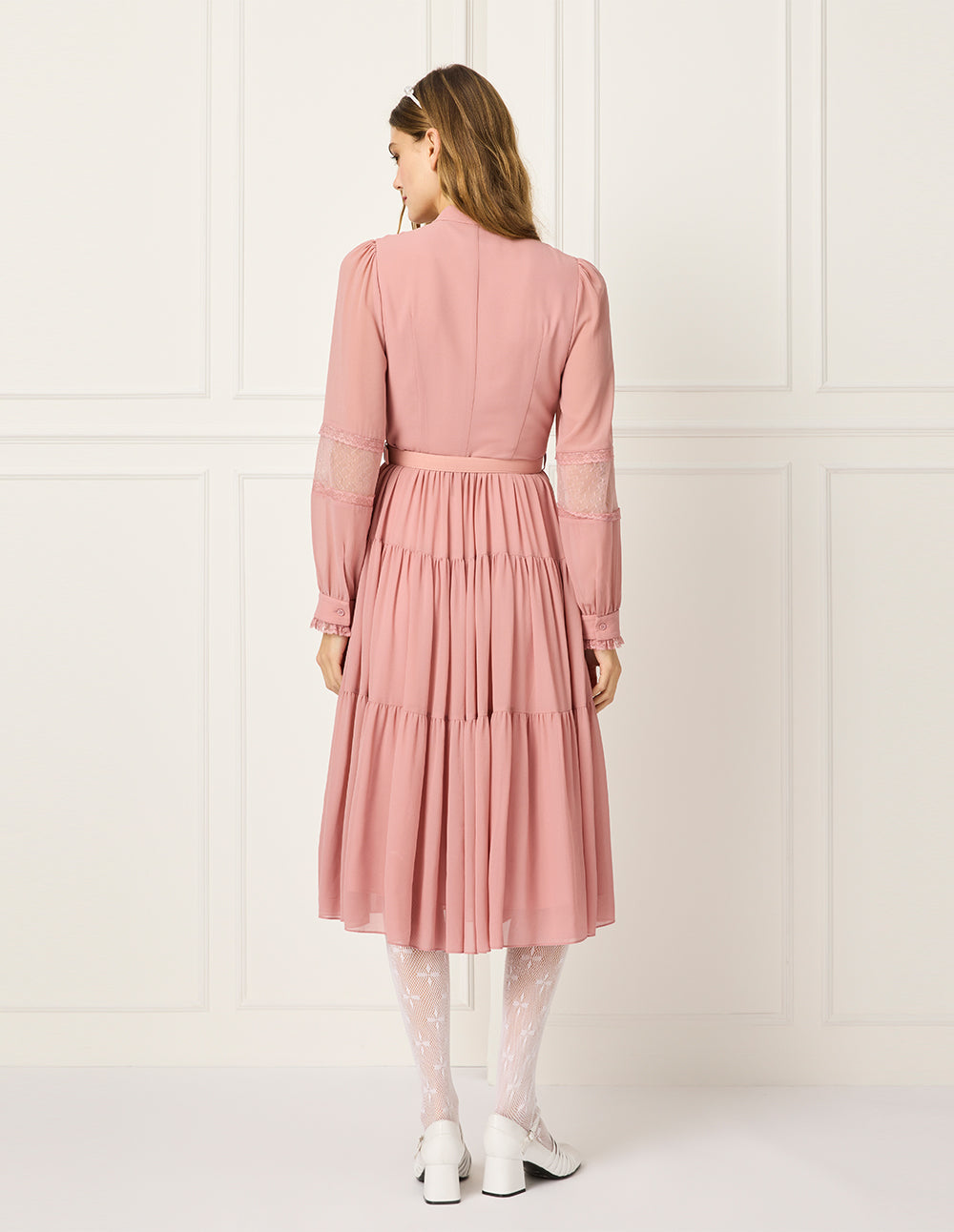 BORA AKSU Tie Collar Ruffle Trim Floral Print Midi Dress