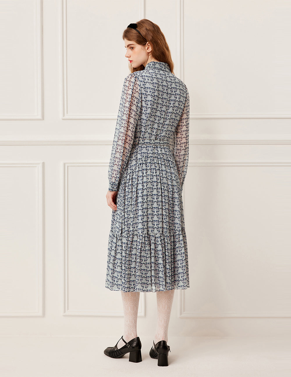 BORA AKSU Bow Ribbon Long Sleeve Hand-Painted Bird Print Pleated Midi Shirt Dress