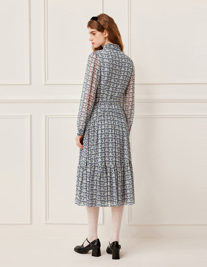 BORA AKSU Bow Ribbon Long Sleeve Hand-Painted Bird Print Pleated Midi Shirt Dress