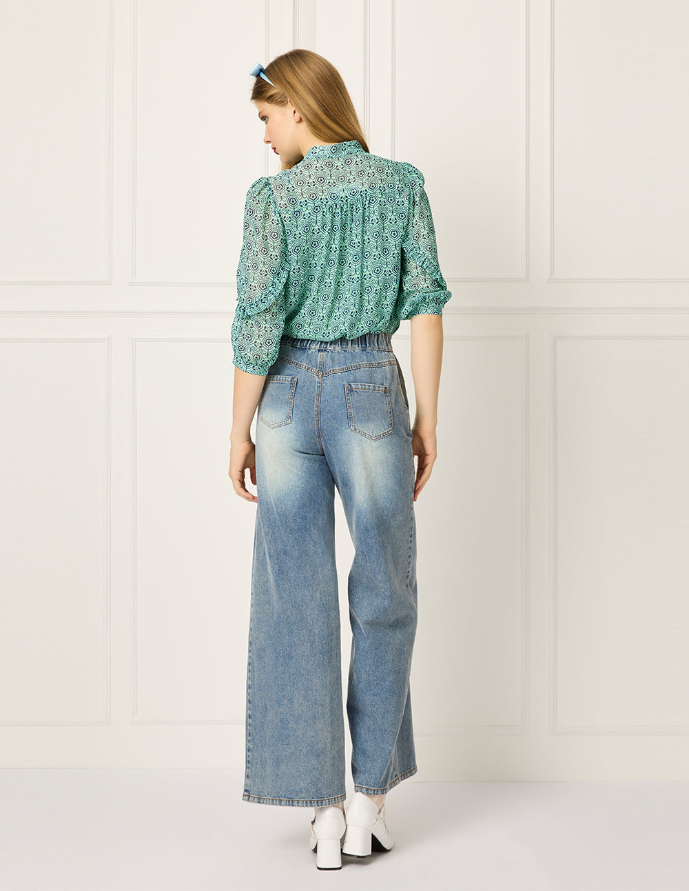 BORA AKSU Ribbon Collar Puff Sleeve Ruffle Print Blouse