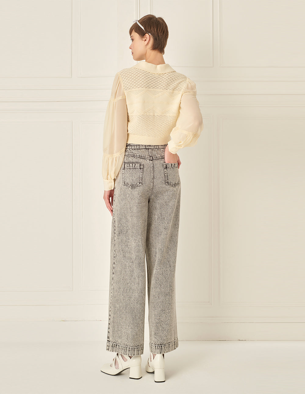 BORA AKSU Bow-Tie Collared Cutout Puff-Sleeve Knitted Sweater