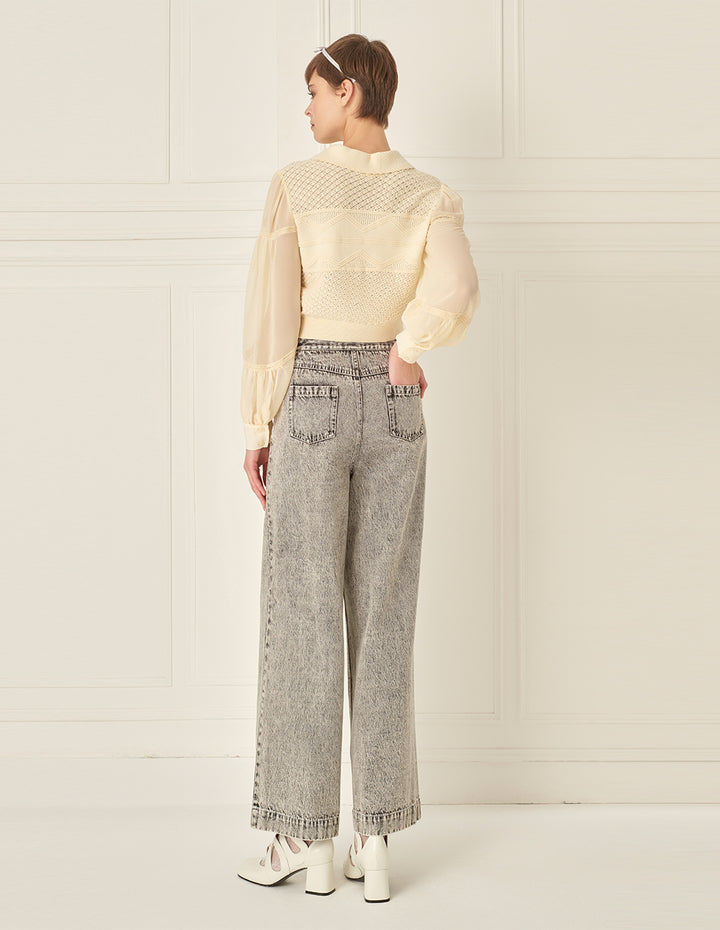 BORA AKSU Bow-Tie Collared Cutout Puff-Sleeve Knitted Sweater