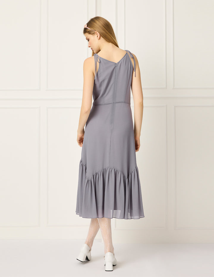 BORA AKSU V-Neck Sleeveless Ruffled-Trim Strapless Flounce-Hem Midi Dress