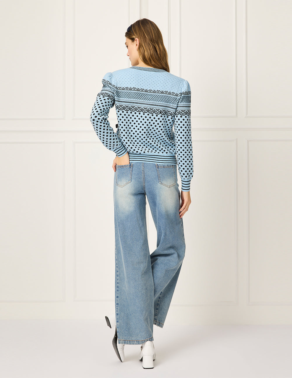 BORA AKSU Polka Dot V-Neck Jacquard Wool Cardigan