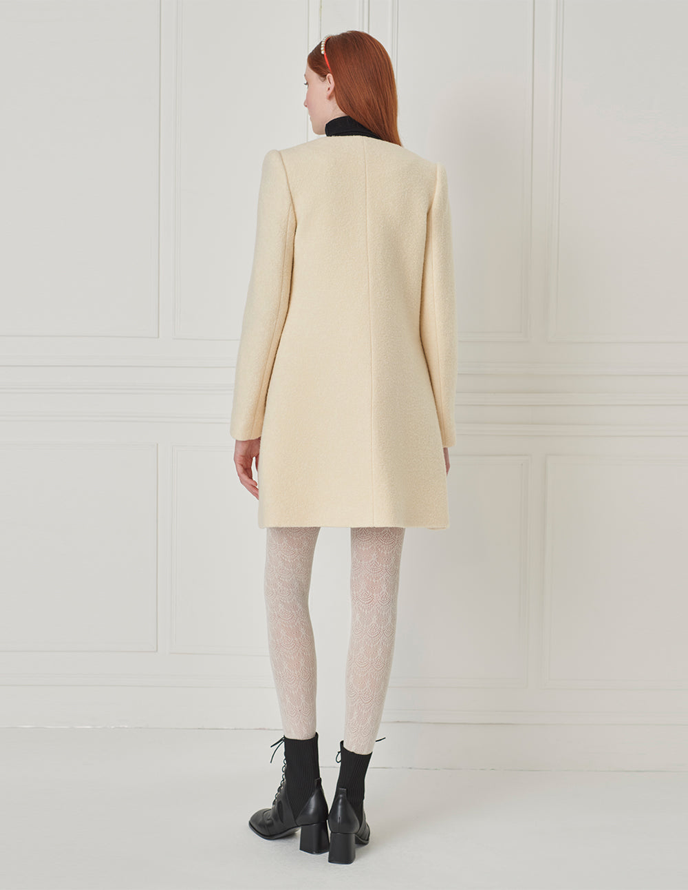 BORA AKSU Round Neck H-Type Single Breasted Milk White Wool Coat