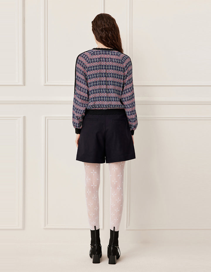 BORA AKSU Ruffled Round Neck Red White Geometric Print Knit Top