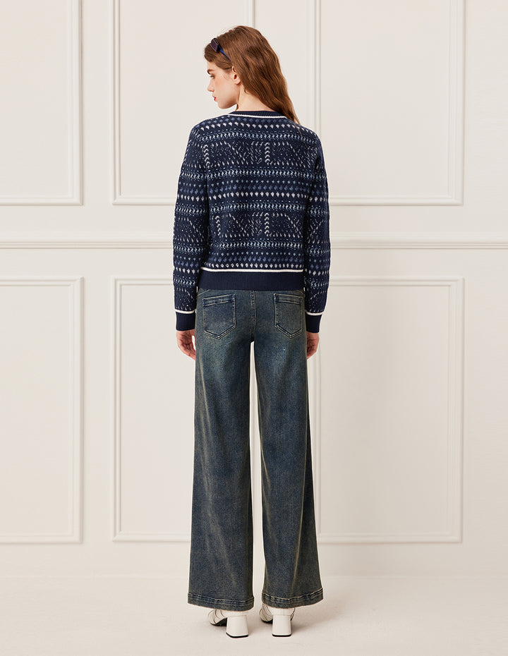 BORA AKSU Round Neck Navy Jacquard Long Sleeve Wool Cardigan