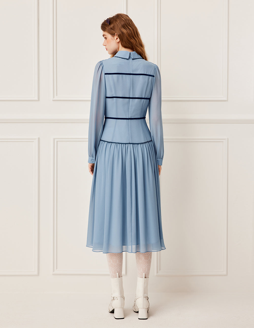 BORA AKSU Collared Bow Bubble Sleeve Pleated Midi Dress