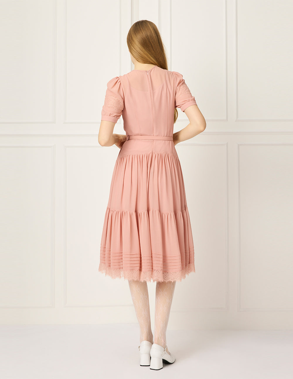 BORA AKSU Round Neck Pin Tuck Tulle Puff Short Sleeve A-Line Flounce Midi Dress