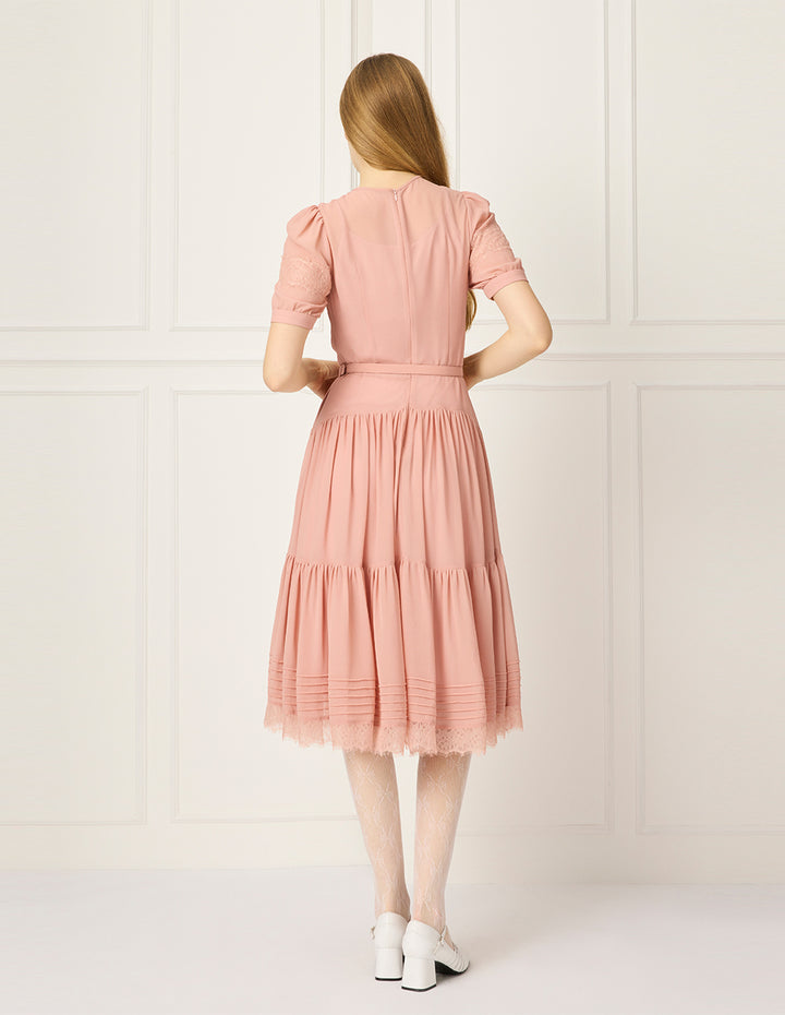 BORA AKSU Round Neck Pin Tuck Tulle Puff Short Sleeve A-Line Flounce Midi Dress