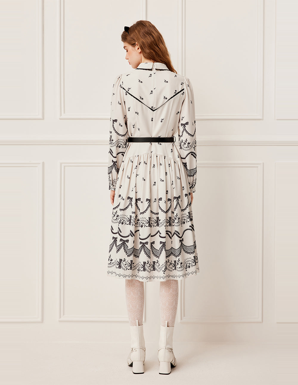 BORA AKSU Pin-Tuck Floral Print A-Line Ruffle-Trimmed Midi Shirt Dress