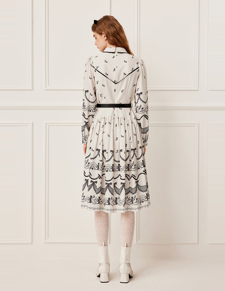 BORA AKSU Pin-Tuck Floral Print A-Line Ruffle-Trimmed Midi Shirt Dress