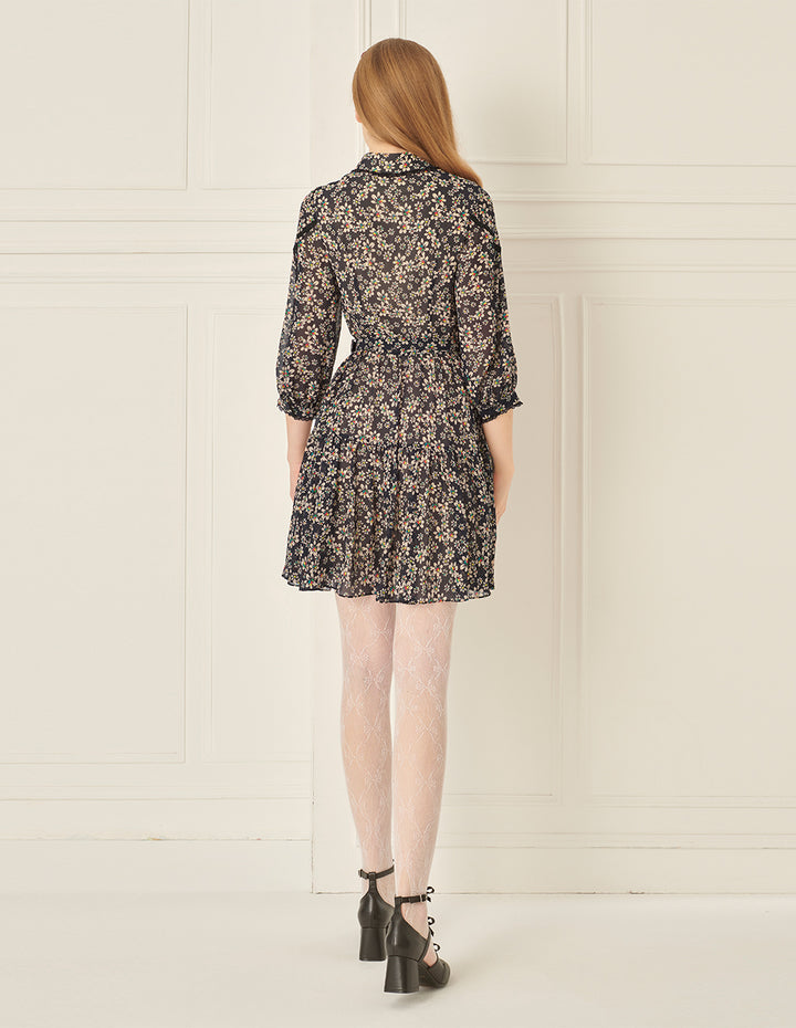 BORA AKSU Puff Sleeves And Small Lace Waist And Pleated Floral Dress