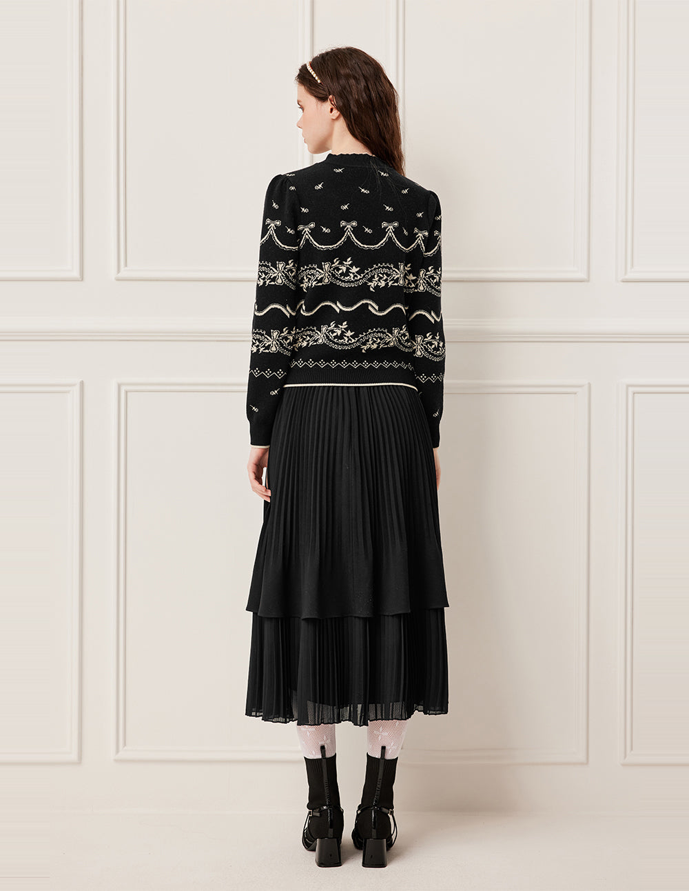 BORA AKSU Double-Layer Pleated Knee-Length Black Skirt