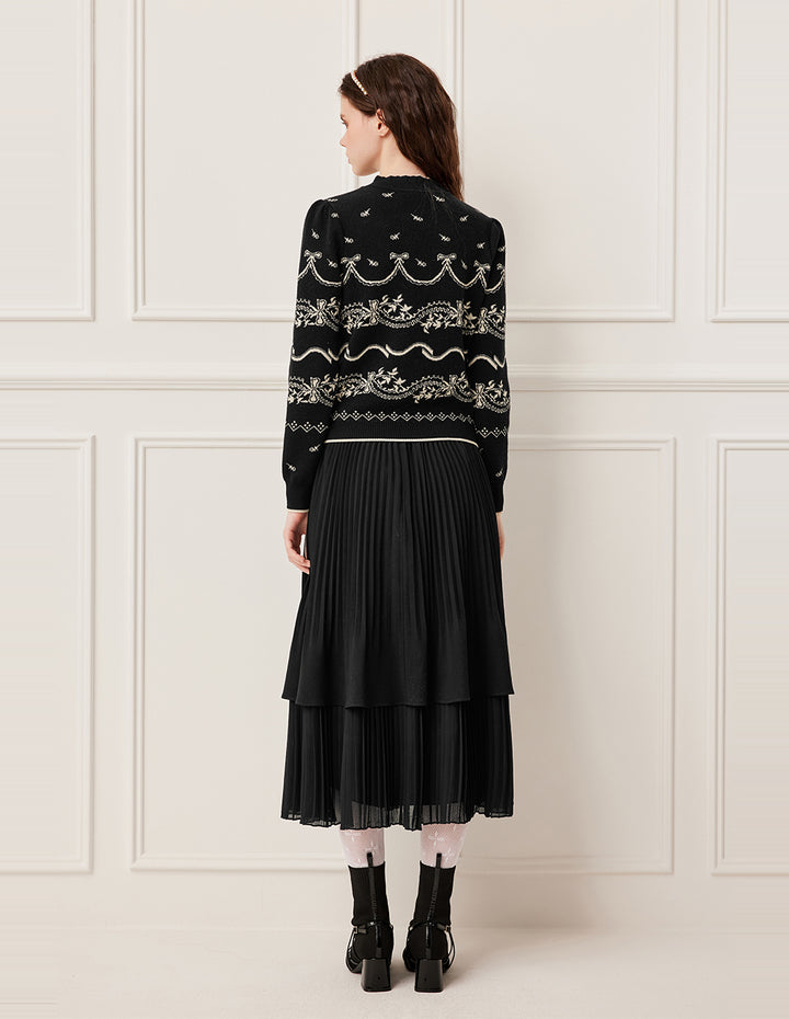 BORA AKSU Double-Layer Pleated Knee-Length Black Skirt