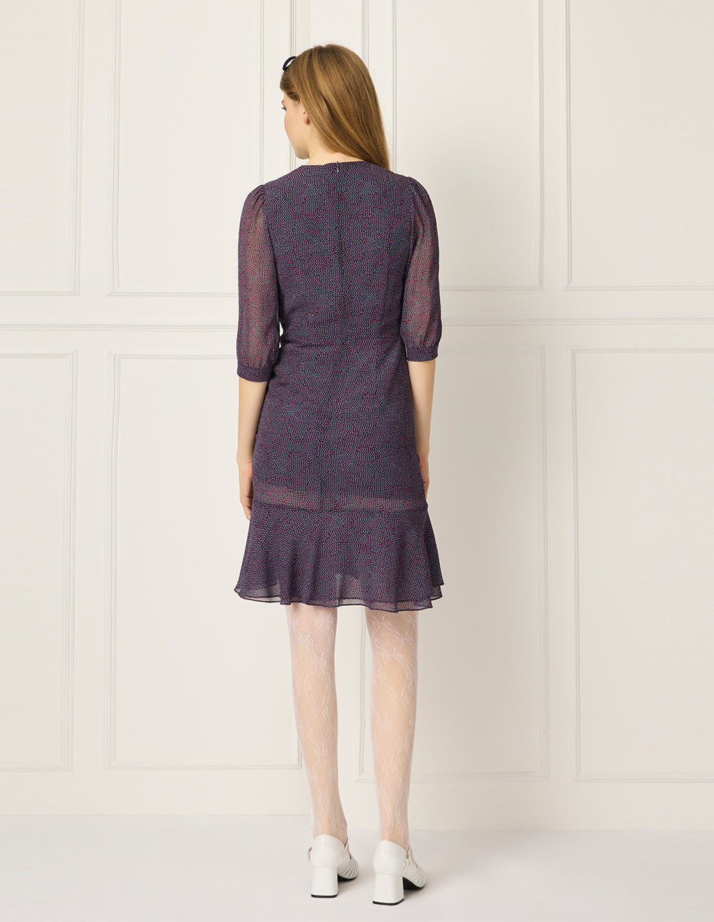 BORA AKSU V-Neck Asymmetric Pleated Polka Dot Trumpet Midi Wrap Dress