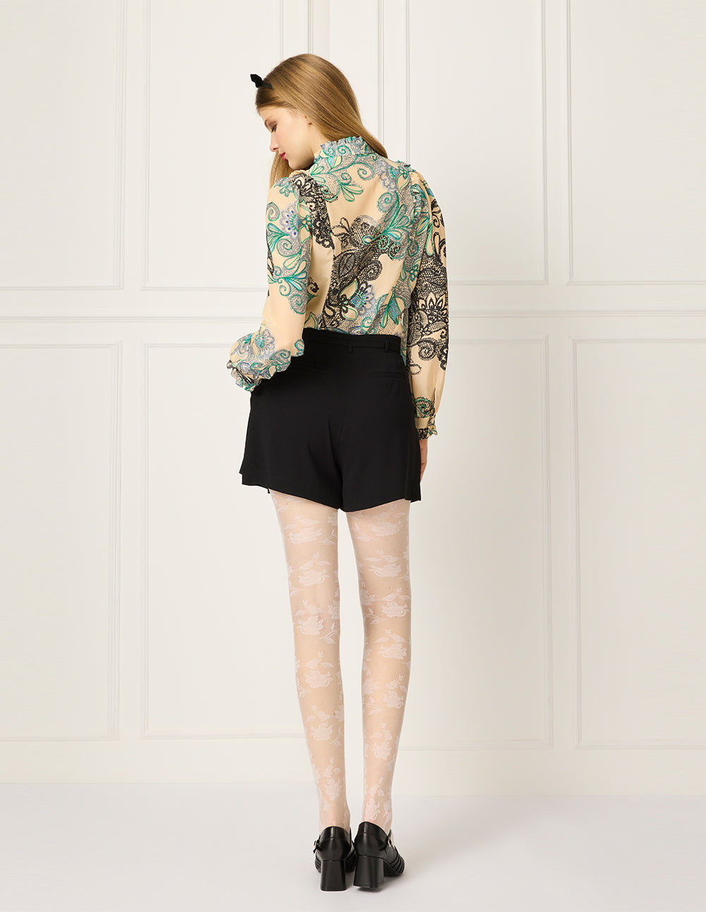 BORA AKSU Ruffled Stand Collar Puff Long Sleeve Floral Lace Printed Blouse