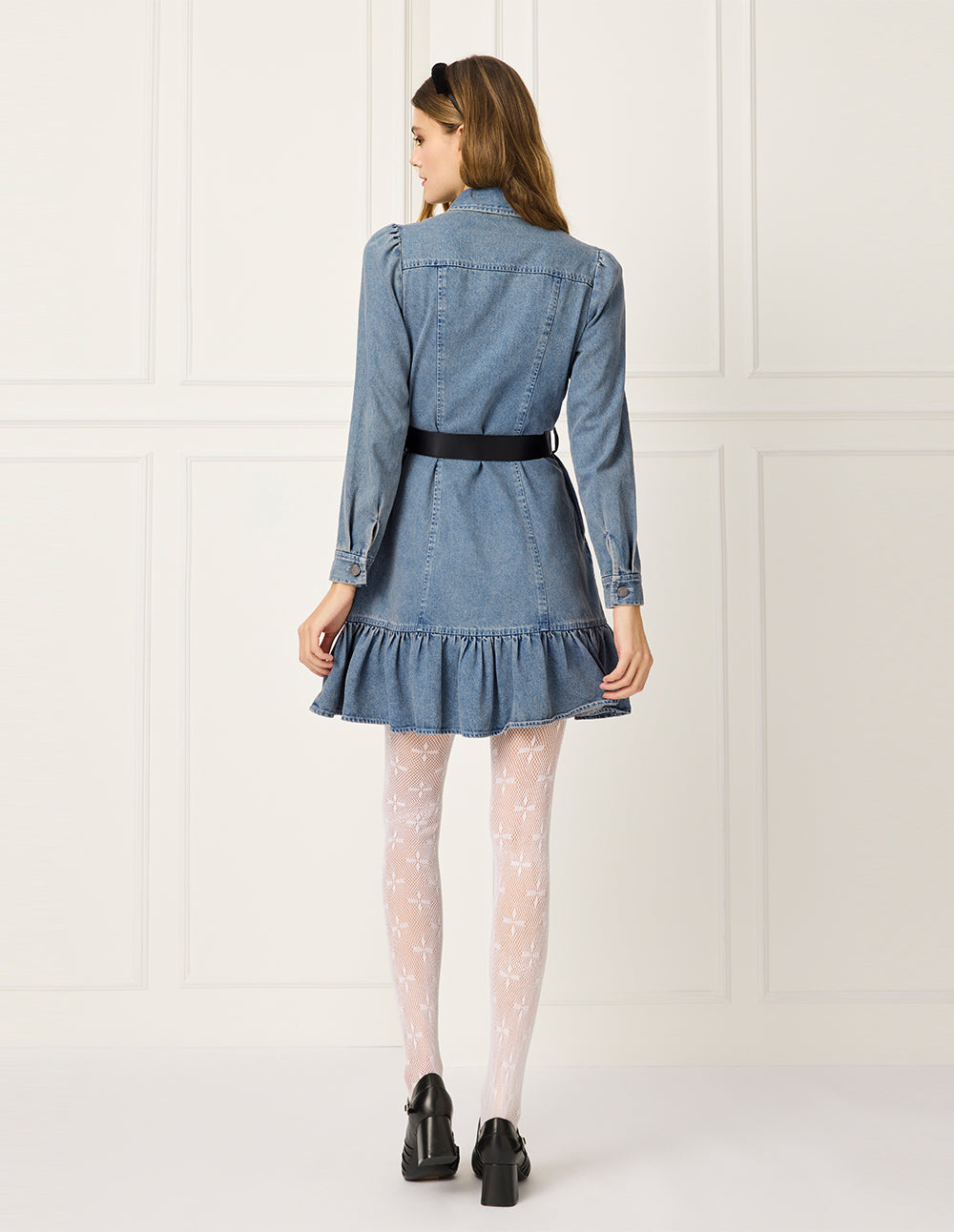 BORA AKSU Shirt Collar Bubble Sleeve Denim Trumpet Dress