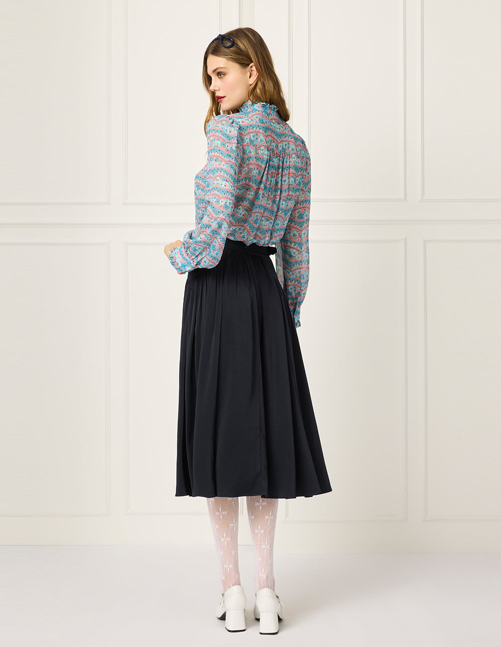 BORA AKSU Tie-Collar Puff Long Sleeve Printed Pin Tuck Blouse