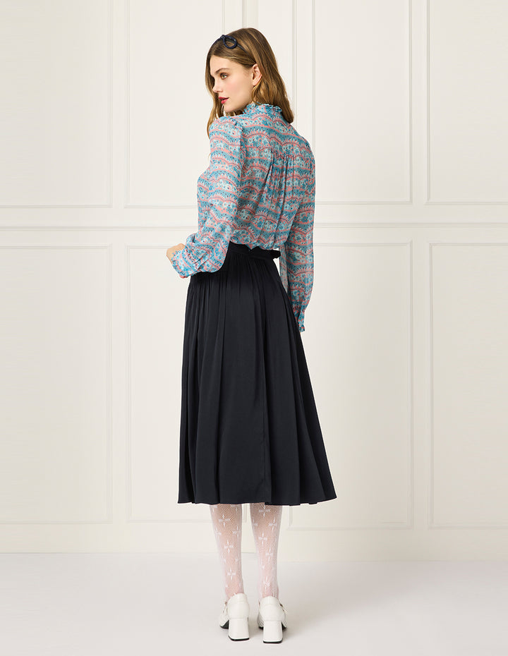 BORA AKSU Tie-Collar Puff Long Sleeve Printed Pin Tuck Blouse