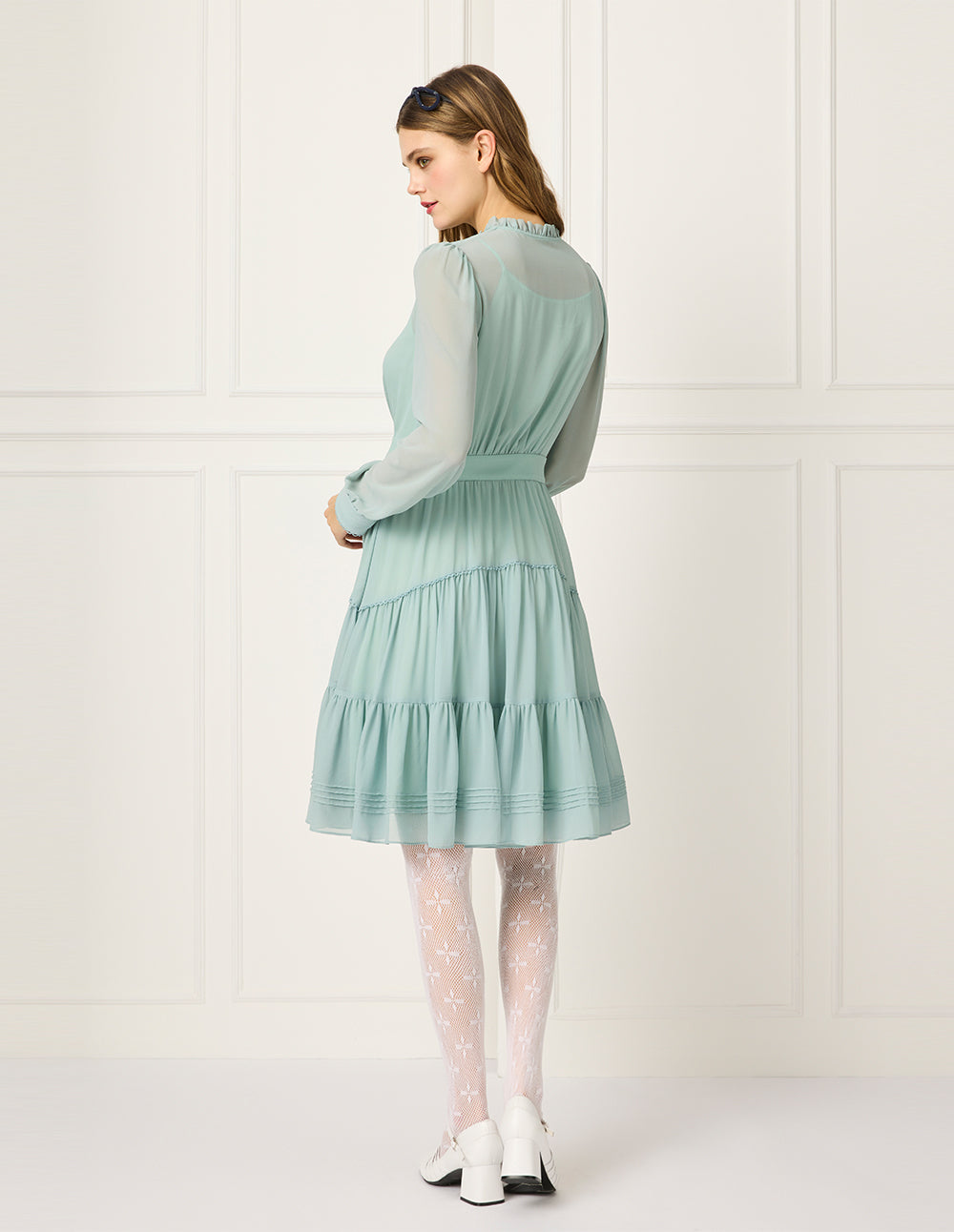 BORA AKSU Round Ruffle-Collar Lace-Trimmed Long Sleeve Pleated Midi Dress