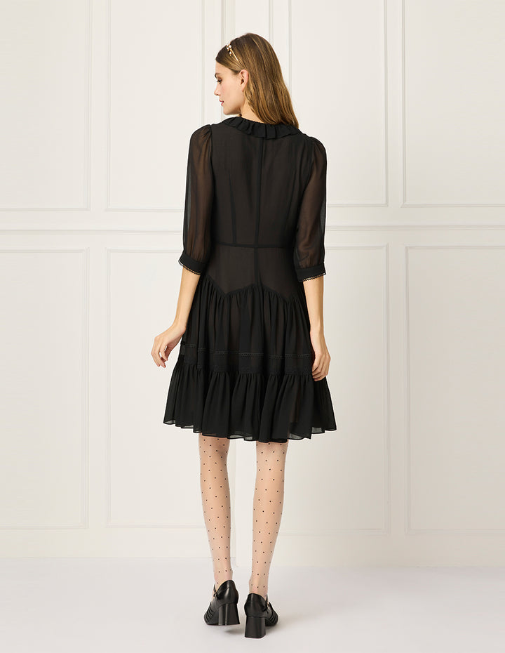 BORA AKSU Ruffled Round-Neck Puff Sleeve Mesh Spliced Pleated Little Black Dress