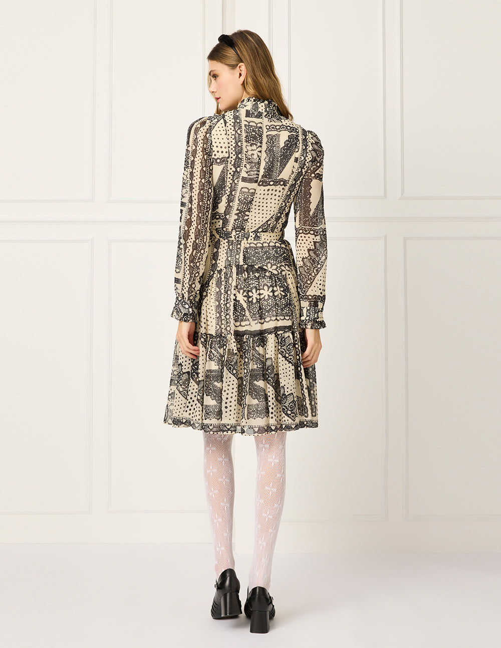 BORA AKSU Bubble Sleeve Mandarin Collar Printed Pleated Midi Dress