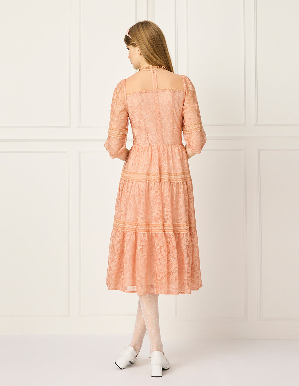 BORA AKSU Ruffled Round Neck Puff Short Sleeve Sheer Lace Hollow-Out Prairie Midi Dress