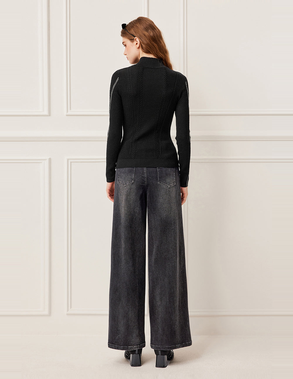 BORA AKSU Semi-High Neck Stripe Detail 100% Wool Knit Sweater