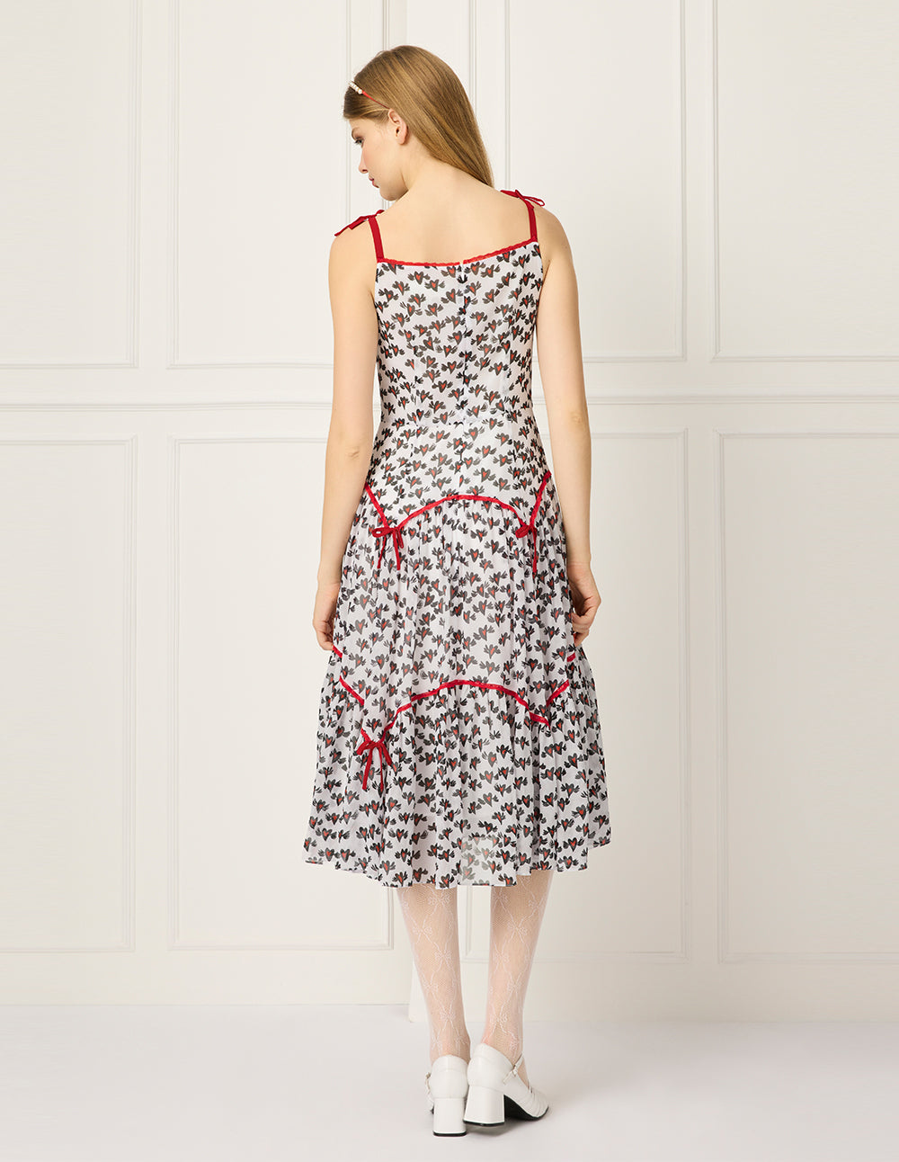 BORA AKSU Lace Trim Heart Print A-line Midi Slip Dress