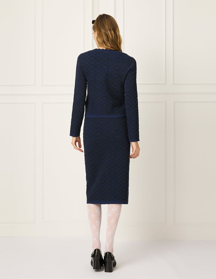 BORA AKSU Square Ruffle-Collar Floral Print Long-Sleeve Knit Cardigan