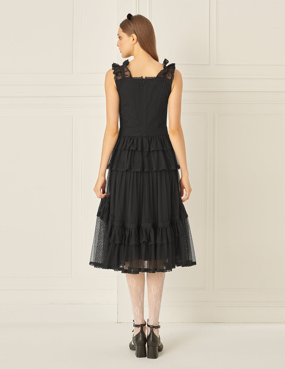 BORA AKSU Mesh Layered Ruffles Line Pleated Dress