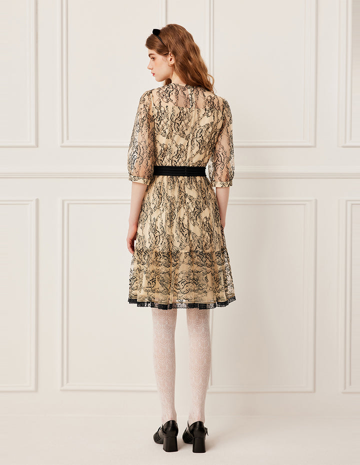 BORA AKSU Sheer V-Neck Lace Trim Floral Print Midi Dress