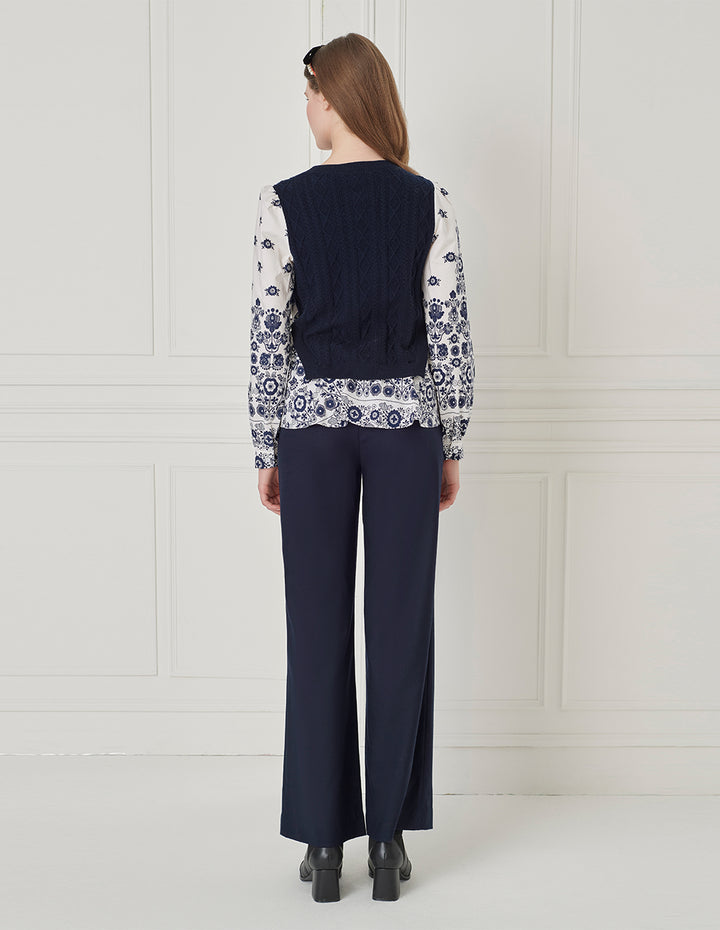 BORA AKSU French Round Collar Knitted Splicing Printed Flower Top