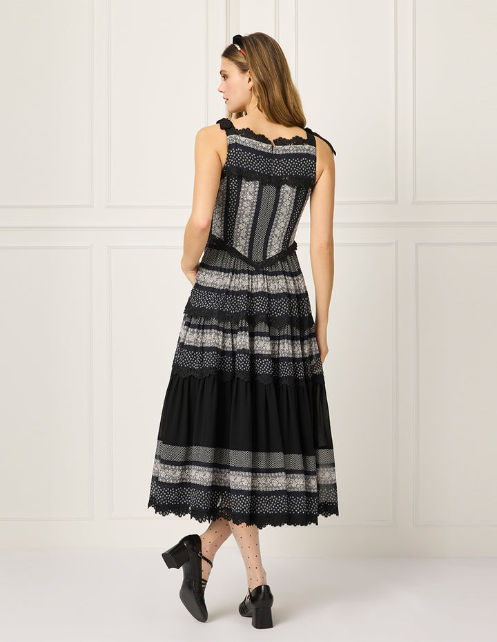 BORA AKSU Sleeveless Ruffle Lace Layered Printed Apron Dress