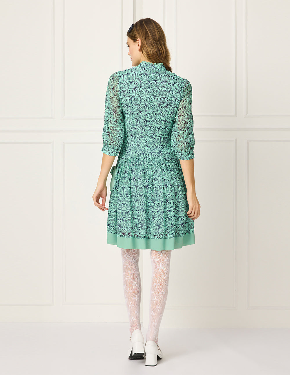 BORA AKSU Stand Collar Puff Short-Sleeve Pleated Print Midi Dress