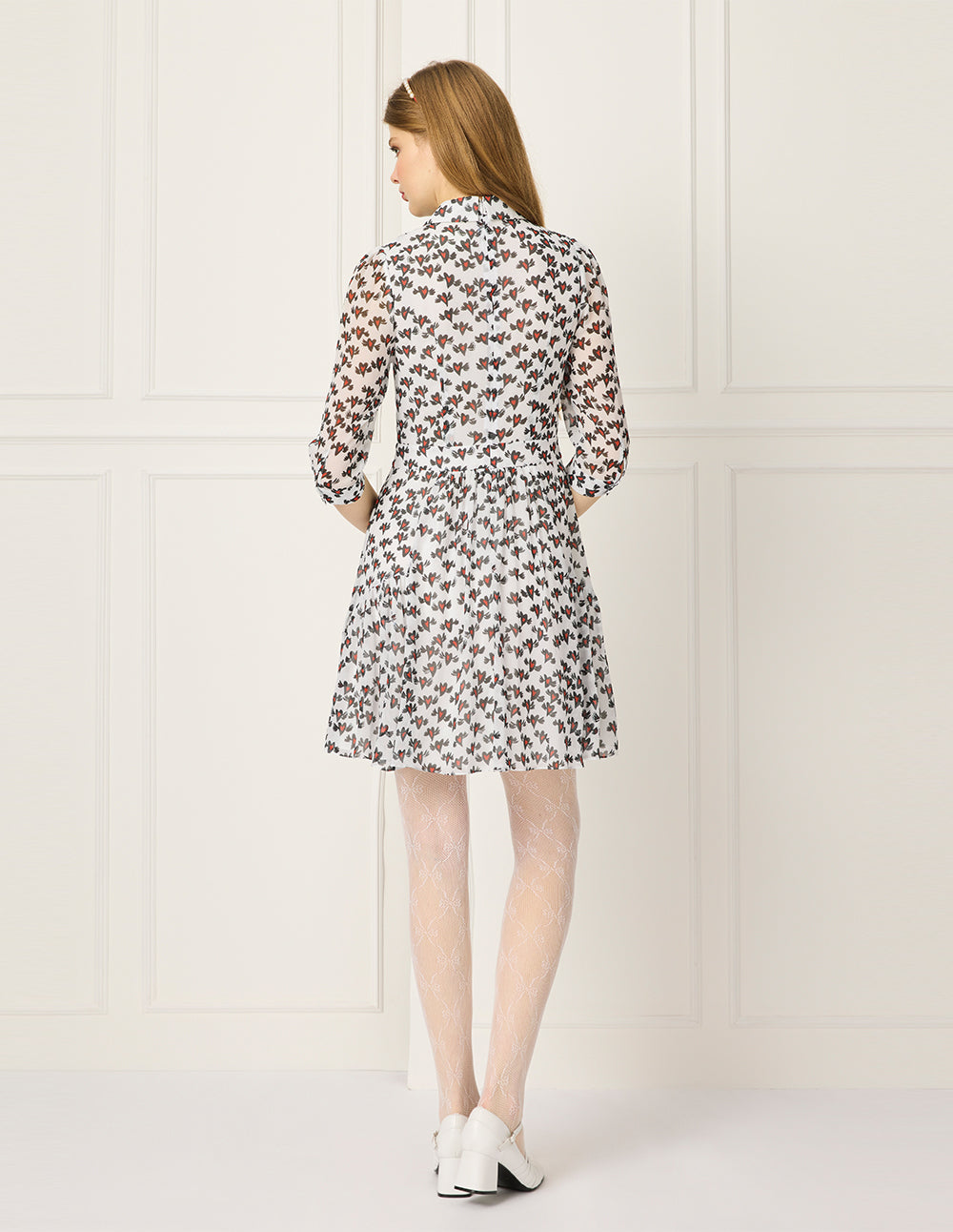 BORA AKSU Lapel Long-Sleeve Pin Tuck Heart Printed Pleated Midi Shirt Dress