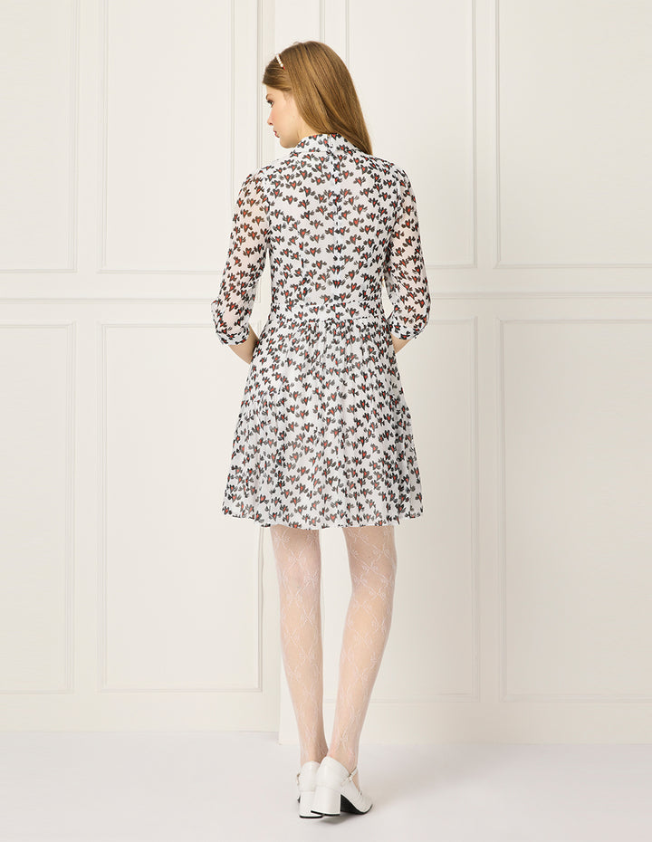 BORA AKSU Lapel Long-Sleeve Pin Tuck Heart Printed Pleated Midi Shirt Dress