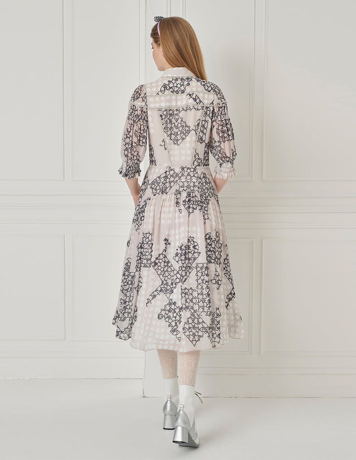 BORA AKSU French Shirt-Style Puff-Sleeve Pleated Printed Dress